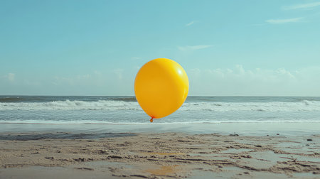 A vibrant yellow balloon floats serenely above a sandy beach, with gentle ocean waves lapping at the shore under a clear blue sky, evoking a sense of joy and calm.の素材