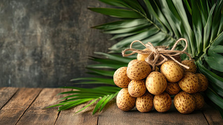 A stunning arrangement of brown tropical fruits nestled among lush green leaves on a rustic wooden surface, perfect for healthy food concepts.の素材