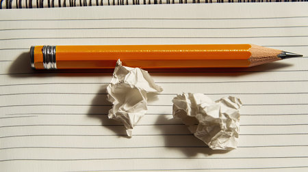 A vibrant orange pencil lies on a blank notebook page alongside two crumpled paper balls, symbolizing the creative process and overcoming writer's block.の素材