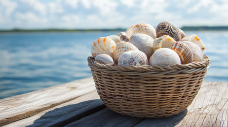 A woven basket filled with an array of beautifully patterned seashells sits by the tranquil waterside, reflecting a peaceful coastal atmosphere.の素材