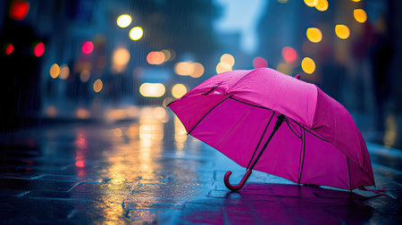 A vibrant pink umbrella rests on a wet pavement, capturing the essence of a rainy evening. Blurred city lights create a dreamy atmosphere, evoking emotions of solitude and beauty.の素材