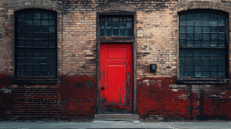 This image showcases a weathered red door framed by large industrial windows against a rustic brick wall, embodying urban charm and historical significance.の素材