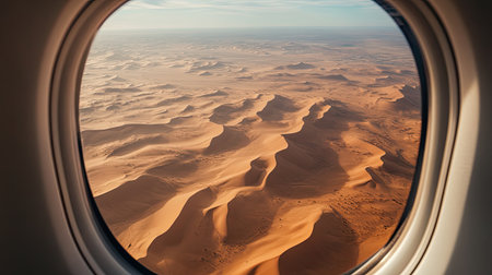 This captivating aerial view through an airplane window captures the stunning patterns of sand dunes within a vast desert landscape. The warm golden hues and gentle curves create a mesmerizing scene of natural beauty, perfect for travel enthusiasts and nature lovers.の素材