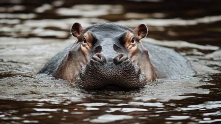 A striking close-up image of a hippo emerging from the water, showcasing its calm demeanor and unique features in a natural habitat setting.の素材