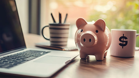 A modern workspace showcasing a laptop, a cheerful piggy bank, and stylish coffee cups, symbolizing the importance of budgeting and financial planning.の素材