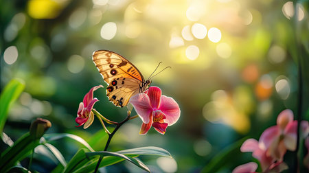 A stunning close-up of a vibrant butterfly resting on a beautiful orchid flower, bathed in gentle sunlight, showcasing the harmony of nature.の素材