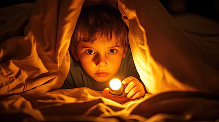 A young child uses a flashlight to explore a cozy space under bed covers, creating a warm atmosphere filled with wonder and imagination during the night.の素材