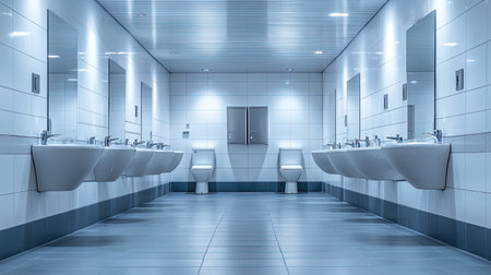 This image showcases a clean and modern public bathroom featuring bright lighting, sleek fixtures, and an aesthetic design aimed at enhancing user experience.の素材