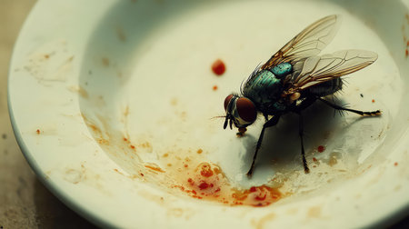 A detailed close-up image of a fly feeding on residues in a dirty dish, showcasing vibrant colors and intricate anatomy of the insect against a messy background.の素材