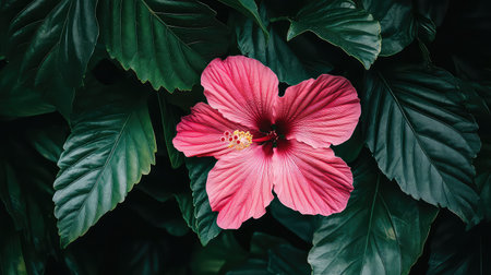 A stunning pink hibiscus flower stands out against a backdrop of deep green leaves, creating a vibrant and serene atmosphere perfect for nature lovers.の素材