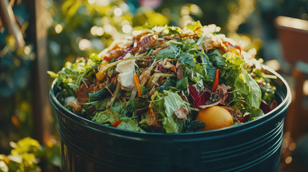 A vibrant compost bin filled with fresh organic food waste, showcasing colorful vegetable scraps and leafy greens in a sunny garden.の素材