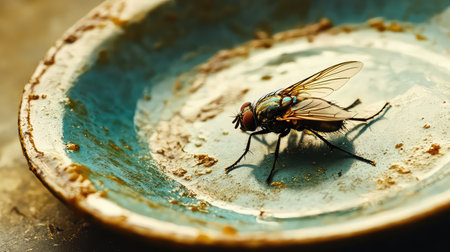 A macro shot of a fly resting on a tarnished blue plate, showcasing the intricate details of its wings and body, set against a rustic background.の素材