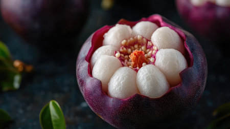 This stunning image highlights the mangosteen fruit, showcasing its juicy segments and vibrant purple exterior. Ideal for food lovers and health enthusiasts.の素材