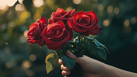 A close-up view of a hand holding vibrant red roses, set against a softly blurred natural background, capturing a moment of beauty and tranquility.の素材