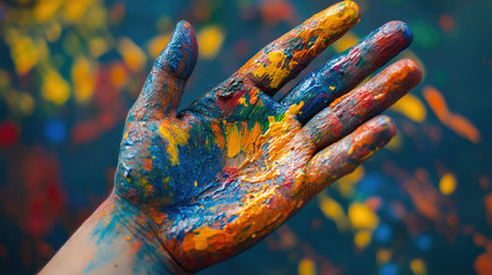 A vivid hand splattered with a variety of paint colors showcases the essence of creativity and artistic expression, embodying the joy of art making.の素材