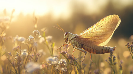 A graceful grasshopper rests on delicate wildflowers, illuminated by warm sunset hues. This enchanting scene captures the beauty of nature's intricate details.の素材
