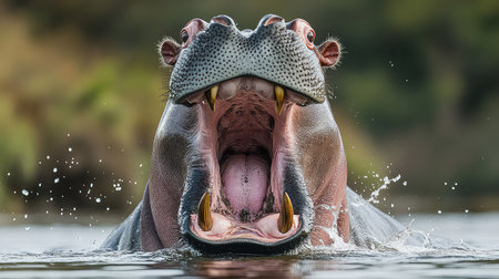 A stunning close-up capture of a hippo with its mouth wide open, showcasing its impressive teeth while surrounded by serene water, creating an evocative wildlife image.の素材
