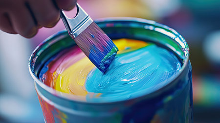 A vibrant close-up image showing a paintbrush dipping into a colorful paint can. The dynamic texture and vivid colors inspire creativity in art projects.の素材