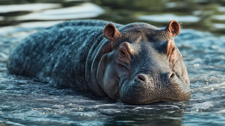 This stunning close-up image captures a hippo relaxing in water, highlighting its distinctive features and texture. The serene environment emphasizes the beauty of wildlife.の素材