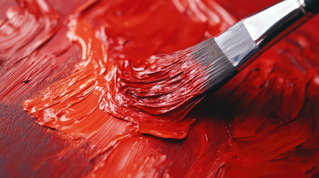 Close-up view of a brush applying vibrant red paint on canvas, showcasing unique textures and artistic techniques, perfect for creative projects and artistic expression.の素材