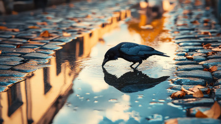 A solitary raven bends down to drink water from a puddle on a cobblestone street, surrounded by autumn leaves. The evening light creates a beautiful reflection.の素材