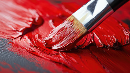 Detailed close-up of a brush applying rich red paint on a textured canvas, showcasing the vibrant color and artistic technique used in modern art creation.の素材