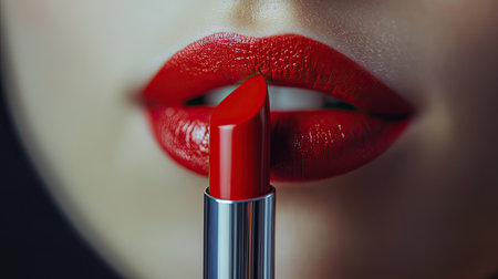 This stunning close-up showcases a woman's lips adorned with vivid red lipstick. The smooth finish and shine emphasize beauty and confidence, perfect for cosmetic promotions.の素材