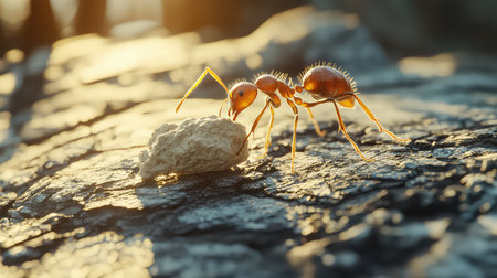This striking close-up image captures an ant meticulously working near a stone, showcasing its intricate details and vibrant colors against a serene natural backdrop.の素材