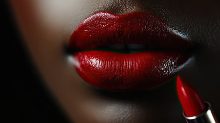 This image features a close-up view of luscious red lips enhanced with glossy lipstick. The dark background emphasizes beauty and elegance, capturing a moment of makeup application.の素材