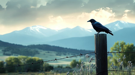 A stunning black bird sits atop a wooden fence post, overlooking a picturesque mountainous landscape under soft, cloudy skies.の素材