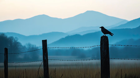 A serene landscape captures a solitary bird perched on a wooden fence post, framed by misty mountains at dawn. The tranquil atmosphere invites reflection.の素材