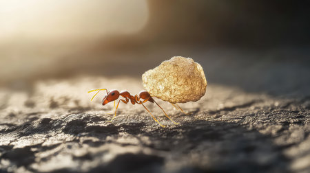 A detailed macro shot of an ant carrying a small fuzzy object on a rocky surface, illuminated by soft natural light, showcasing the beauty of nature.の素材