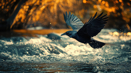 A stunning photograph of a bird soaring above glistening water, creating a splash as it takes flight. The warm autumn colors in the background enhance the serene ambience of nature.の素材