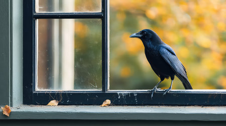 A stunning black bird gracefully perches on a window frame, surrounded by vibrant autumn foliage. This serene scene captures the beauty of nature and provides an atmospheric view.の素材