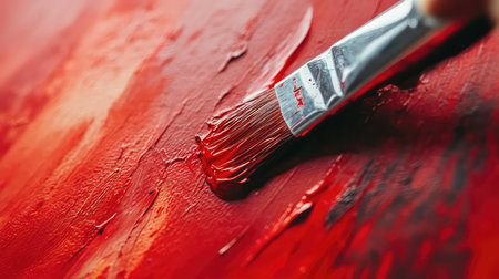 A close-up view captures a brush applying vibrant red paint on canvas, showcasing rich textures and depth, evoking a sense of artistic creativity.の素材