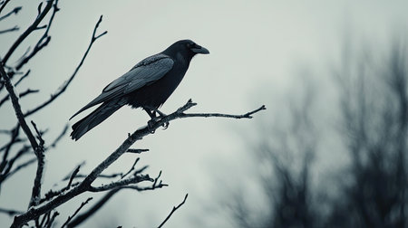 A striking raven stands majestically on a bare branch, creating a captivating silhouette against a gray winter backdrop, evoking a sense of mystery and serenity.の素材