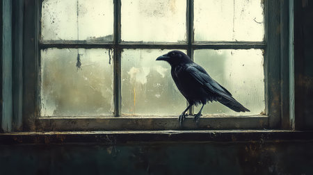 A solitary raven stands on a weathered window sill, gazing out at a misty landscape, evoking a mysterious and tranquil atmosphere in an abandoned room.の素材