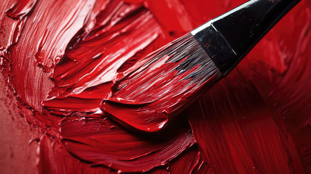 A close-up view of a paintbrush gliding through thick, rich red acrylic paint on a blank canvas, showcasing the vibrant texture and artistic potential.の素材
