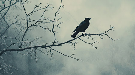 A solitary black crow sits on a gnarled branch, surrounded by a foggy landscape, evoking a sense of mystery and tranquility in nature.の素材