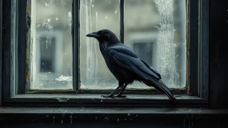 A solitary raven stands on a weathered window sill, blending urban architecture with its dark feathers. The scene captures a moment of mystery and stillness.の素材