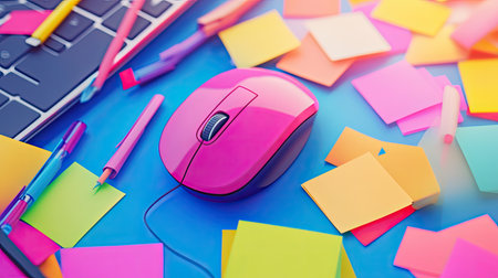 A vibrant and colorful workspace featuring a pink mouse, bright sticky notes, and stationery, creating an inspiring environment for creativity and productivity.の素材
