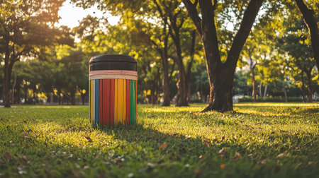 A colorful trash bin stands in a lush green park, surrounded by trees and bathed in warm sunset light, creating a vibrant and inviting atmosphere.の素材