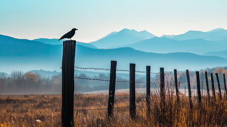 This captivating image showcases a bird perched on a wooden fence post with misty mountains in the background during sunrise, evoking a sense of tranquility.の素材