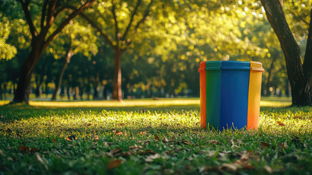A vibrant waste bin stands amidst the soft green grass in a tranquil park, surrounded by tall trees bathed in warm sunlight, promoting environmental cleanliness.の素材