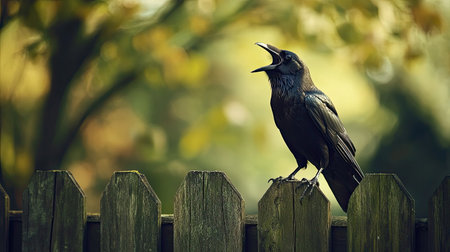 A striking black raven sits on a wooden fence with its mouth open, creating a captivating moment in nature. The vibrant background features soft bokeh and warm light, enhancing the serene atmosphere of the scene.の素材