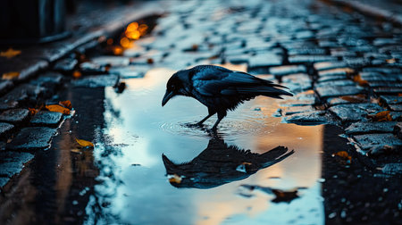 A solitary raven stands in a shallow puddle on a cobblestone street, observing its reflection during the golden hour. Autumn leaves add a touch of seasonal beauty.の素材