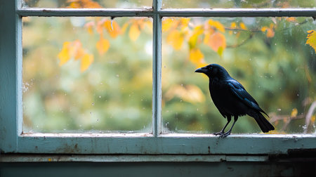 A solitary raven stands on a windowsill, framed by a serene autumn scene. Soft light enhances the tranquil atmosphere, perfect for nature lovers.の素材