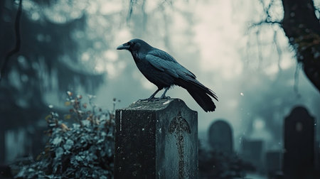 A stunning capture of a raven resting on an old tombstone in a fog-laden graveyard, evoking feelings of mystery, solitude, and ethereal beauty.の素材