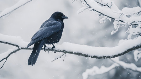 A striking black raven stands on a snow-covered branch as snowflakes quietly fall around it, capturing the essence of winter's tranquility and beauty.の素材