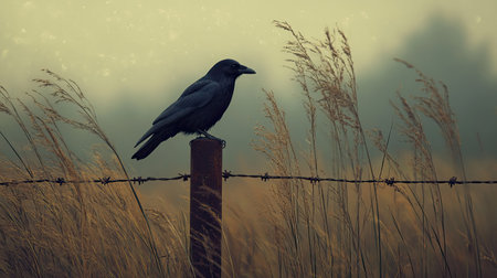 A solitary black bird sits gracefully on a weathered fence post amidst a misty meadow. The soft glow of sunrise illuminates the tranquil scene.の素材